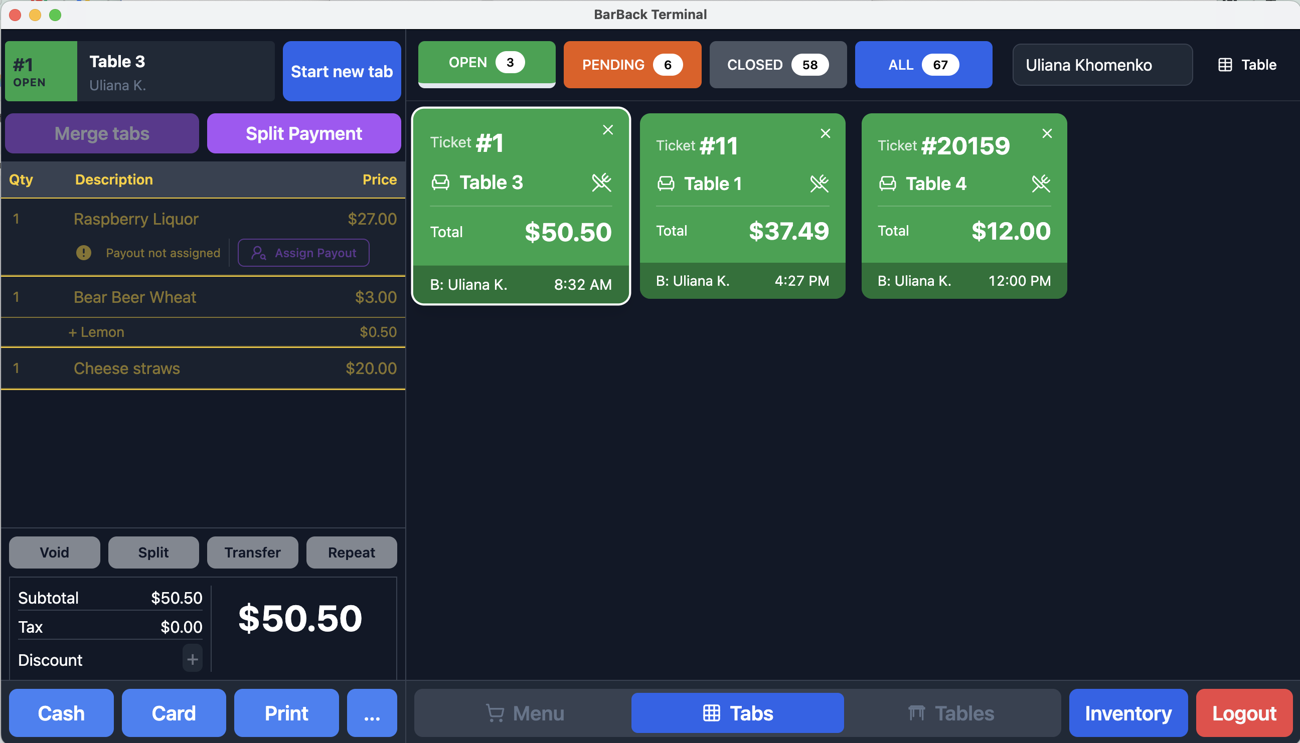BarBackPOS Tour Tabs